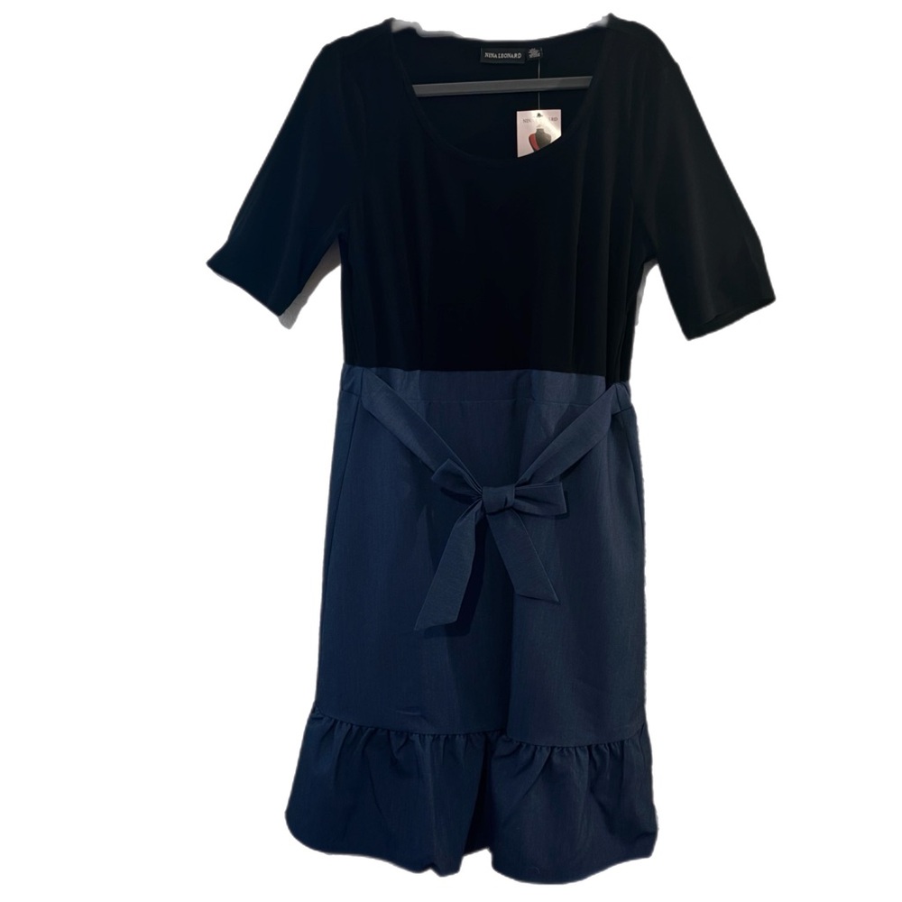 Nina Leonard Blue Sheath Midi Dress Square Neck Short Sleeve
